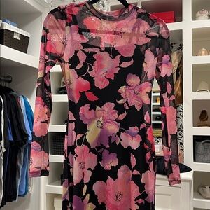 AFRM los angeles black sheer pink floral Long Sleeve midi Dress size xs